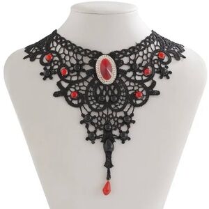 Women’s Gothic Black Lace Choker Necklace Red Crystal Pendant Victorian Style